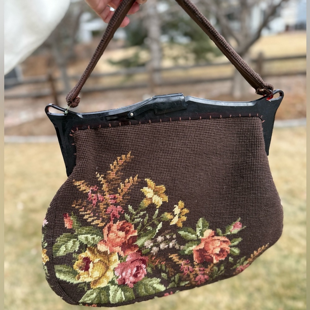 Vintage Petit Point Needlepoint Floral Tapestry Large BagPurse, Brown Colorful